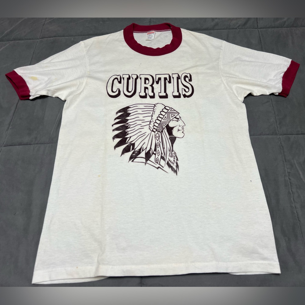 Vintage Curtis Indians T Shirt 80s USA Ringer Soffe US Red White SIZE LARGE